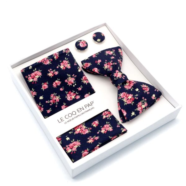  Le Coq en Pap' - Coffret noeud papillon bleu nuit et rose fleuri shabby chic