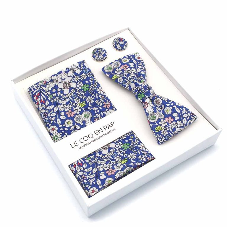 1 Coffret noeud papillon pochette de costume boutons de manchette fleuri liberty June meadow a bleu royal revers bleu royal reversible lecoqenpap photo1