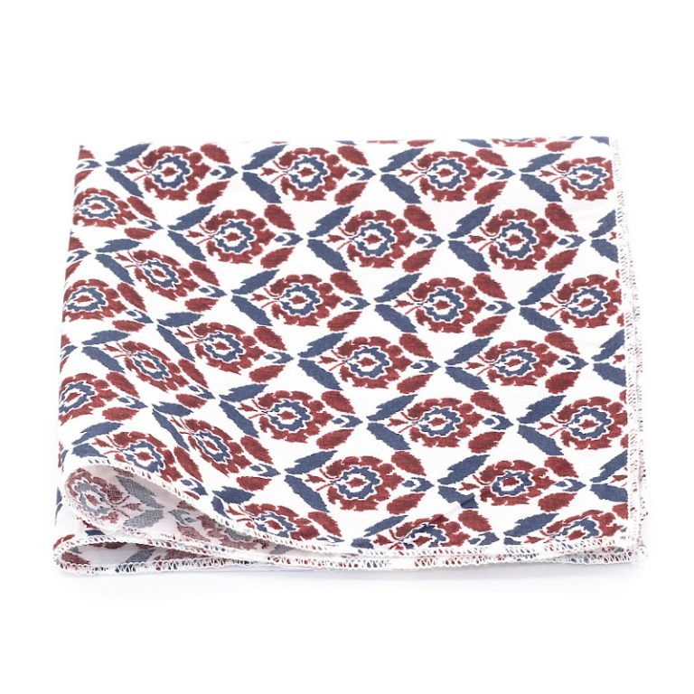 1321 Fleuri Liberty Rouge Bordeaux Bleu Petrole et fond Blanc Pochette Le Coq en Pap