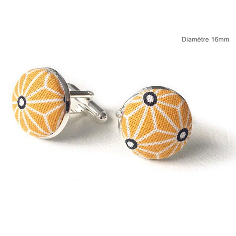 Boutons de manchette jaune moutarde tissu japonais saki mariage Le Coq en Pap mustard yellow cufflinks 