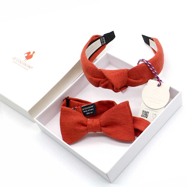 Coffret duo Parent et Enfant noeud papillon homme et serre tete femme ou fille rouge rouille uni en lin le coq en pap photo 1