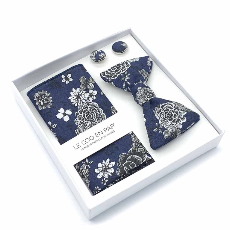 Coffret-noeud-papillon-pochette-de-costume-boutons-de-manchette-fleuri-dahlia-bleu-marine-homme-le-coq-en-pap-photo-1