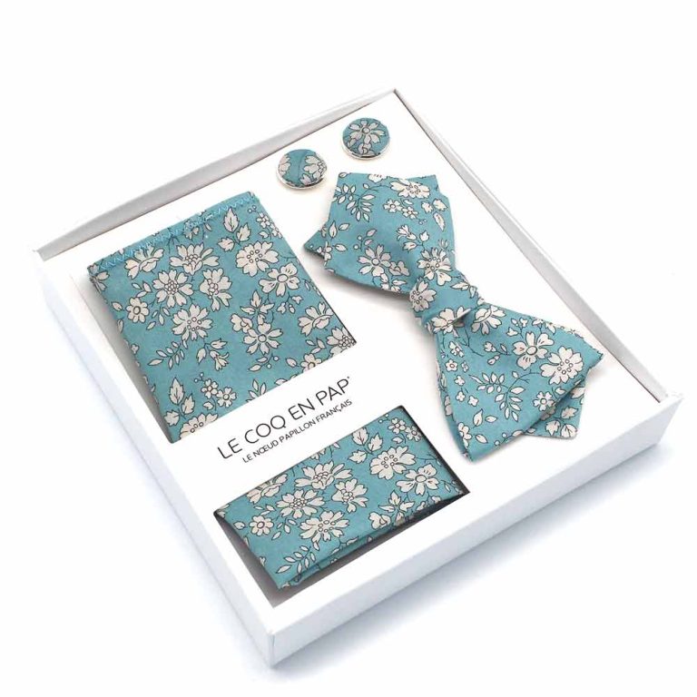 Coffret noeud papillon pochette de costume boutons de manchette fleuri liberty Capel Sea Green N lecoqenpap photo1 1 2