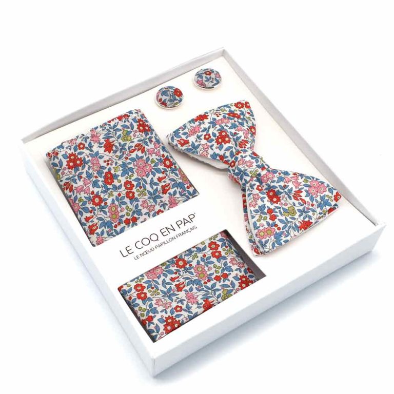 Coffret noeud papillon pochette de costume boutons de manchette fleuri liberty Chamomile Lawn A fleuri bleu blanc rouge revers blanc naturel reversible lecoqenpap photo1