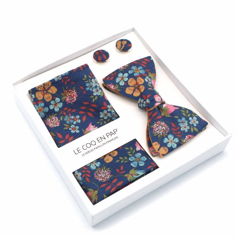 Coffret-noeud-papillon-pochette-de-costume-boutons-de-manchette-fleuri-liberty-Edenham-Glen-River-bleu-caramel-revers-beige-caramel-lin-reversible-lecoqenpap-photo1