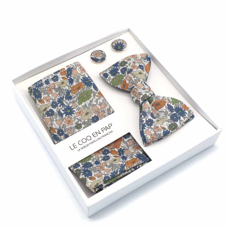 Coffret noeud papillon pochette de costume boutons de manchette fleuri liberty Poppy forest B orange bleu peche revers lin bleu stone reversible lecoqenpap photo1