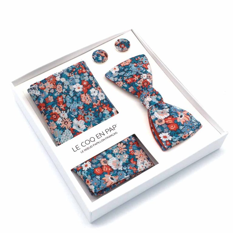 Coffret-noeud-papillon-pochette-de-costume-boutons-de-manchette-fleuri-liberty-Thorpe-Hill-B-orange-bleu-revers-rouge-rouille-lin-reversible-lecoqenpap-photo1