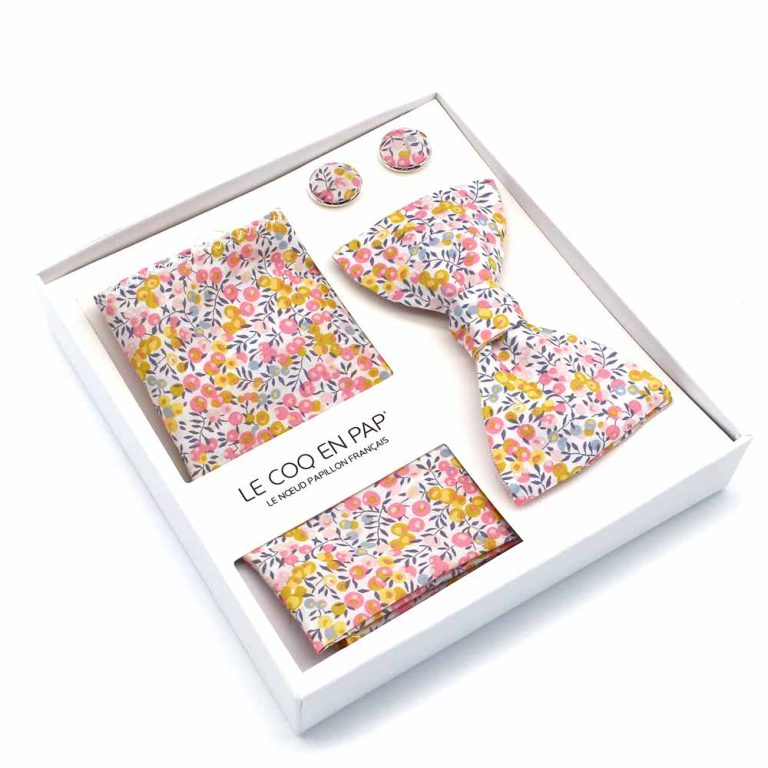 Coffret noeud papillon pochette de costume boutons de manchette fleuri liberty Wiltshire Bud Aurore A revers rose poudre lin reversible lecoqenpap photo1