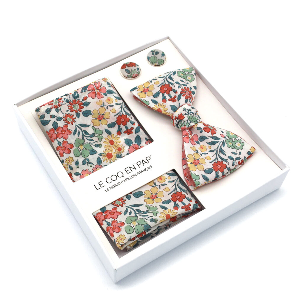 Coffret noeud papillon pochette de costume boutons de manchette fleuri liberty margaret annie C revers vieux rose en lin reversible lecoqenpap photo1