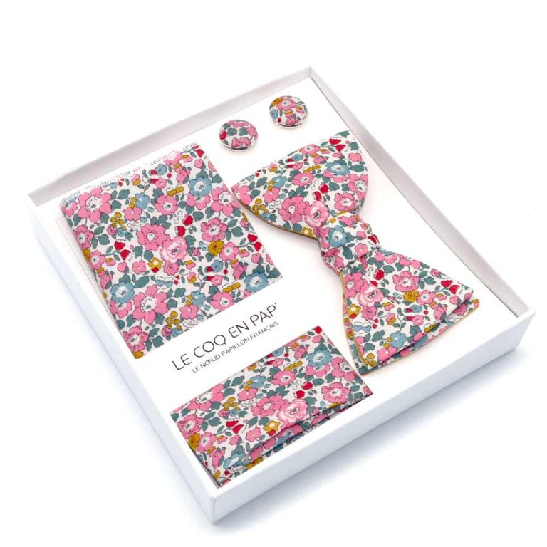 Coffret noeud papillon pochette de costume boutons de manchette fleuri liberty new betsy ann E le coq en pap