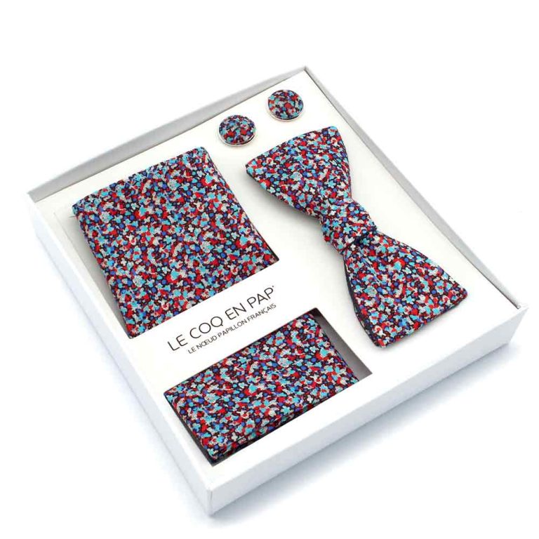 Coffret noeud papillon pochette de costume boutons de manchette fleuri liberty pepper J rouge vert menthe et bleu revers lin noir carbone reversible lecoqenpap photo1