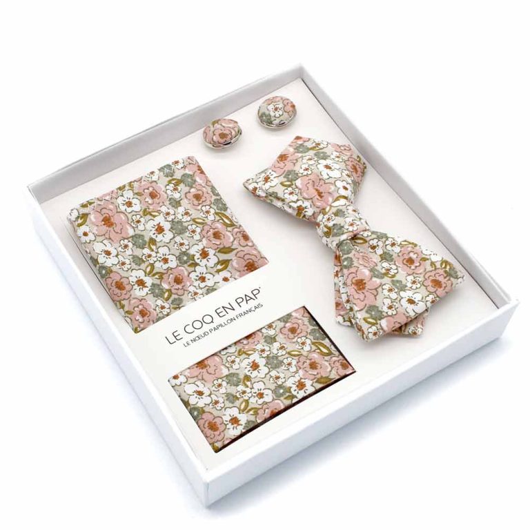 Coffret noeud papillon pochette de costume boutons de manchette fleuri rose beige sauge shabby chic made in france photo1