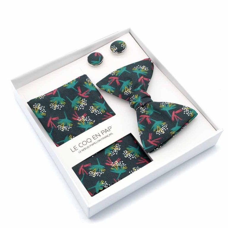 Coffret noeud papillon pochette de costume boutons de manchette fleuri vert anglais camelia made in france photo1