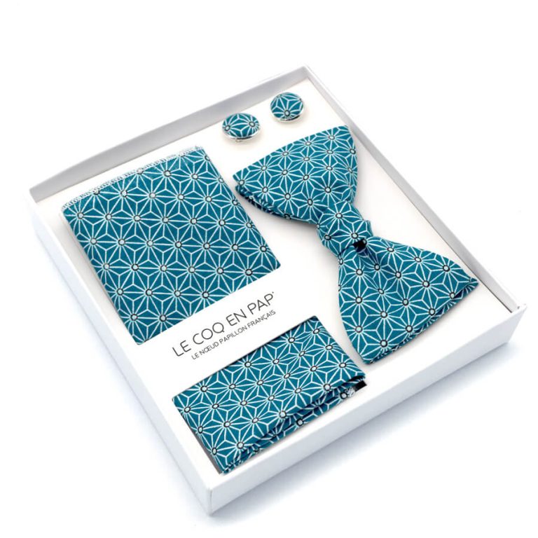 Coffret noeud papillon pochette de costume boutons de manchette japonais bleu canard saki photo1