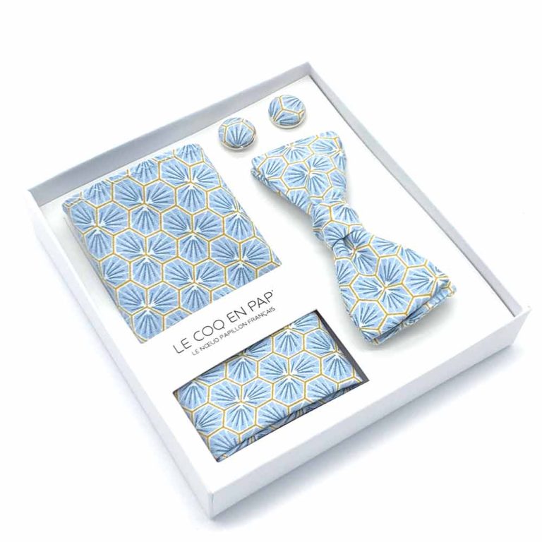 Coffret-noeud-papillon-pochette-de-costume-boutons-de-manchette-japonais-bleu-ciel-kikko-lecoqenpap