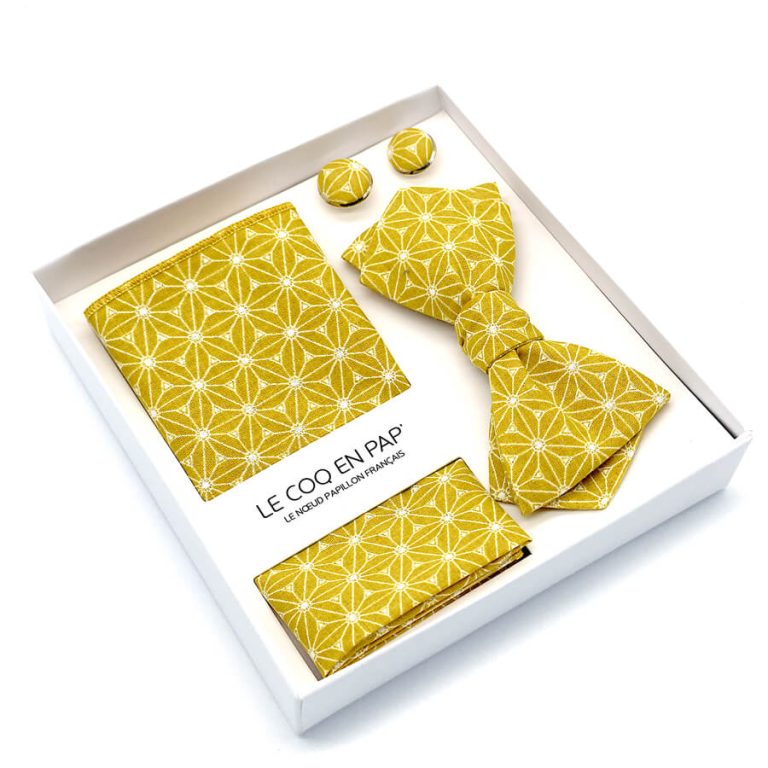 Coffret-noeud-papillon-pochette-de-costume-boutons-de-manchette-japonais-jaune-moutarde-fuji-lecoqenpap-1