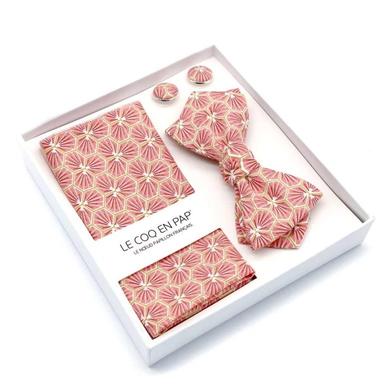 Coffret noeud papillon pochette de costume boutons de manchette japonais rose corail kikko lecoqenpap