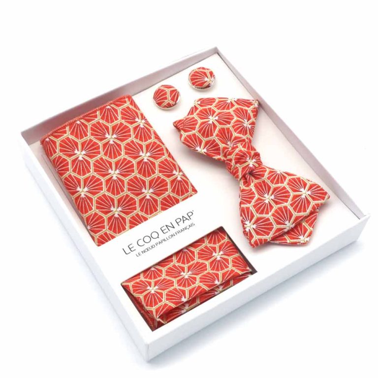 Coffret-noeud-papillon-pochette-de-costume-boutons-de-manchette-japonais-rouge-corail-kikko-le-coq-en-pap