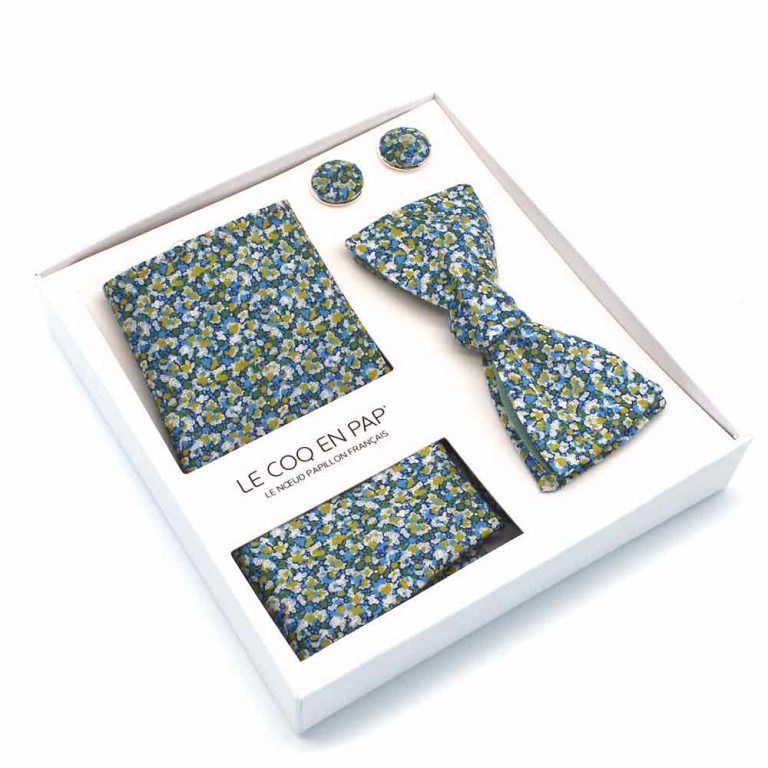 Coffret-noeud-papillon-pochette-de-costume-boutons-de-manchette-liberty-pepper-t-vert-et-bleu-revers-vert-eucalyptus-reversible-lecoqenpap-photo1