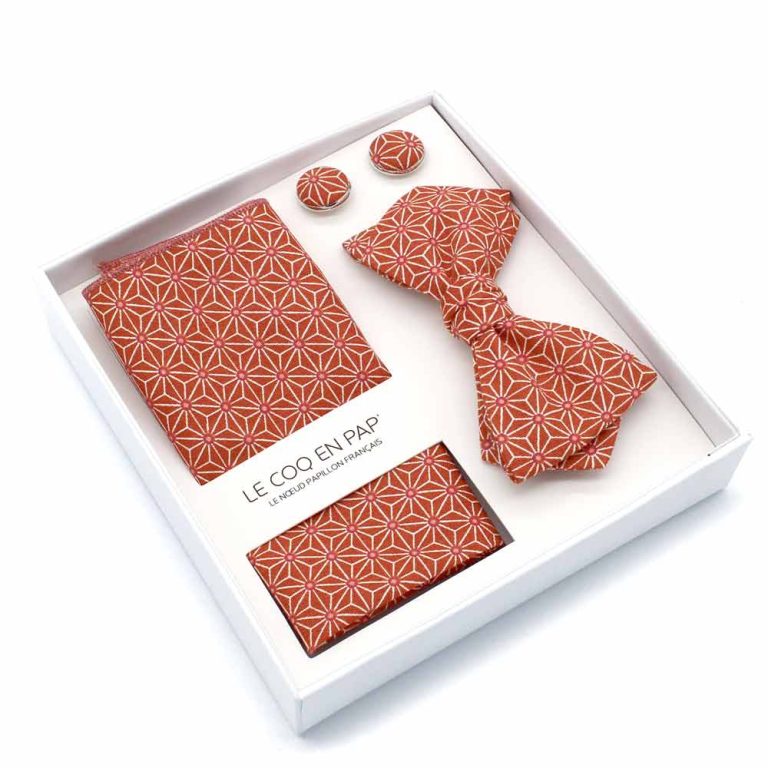 Coffret noeud papillon pochette de costume boutons de manchette orange terracotta japonais saki made in france photo1 1