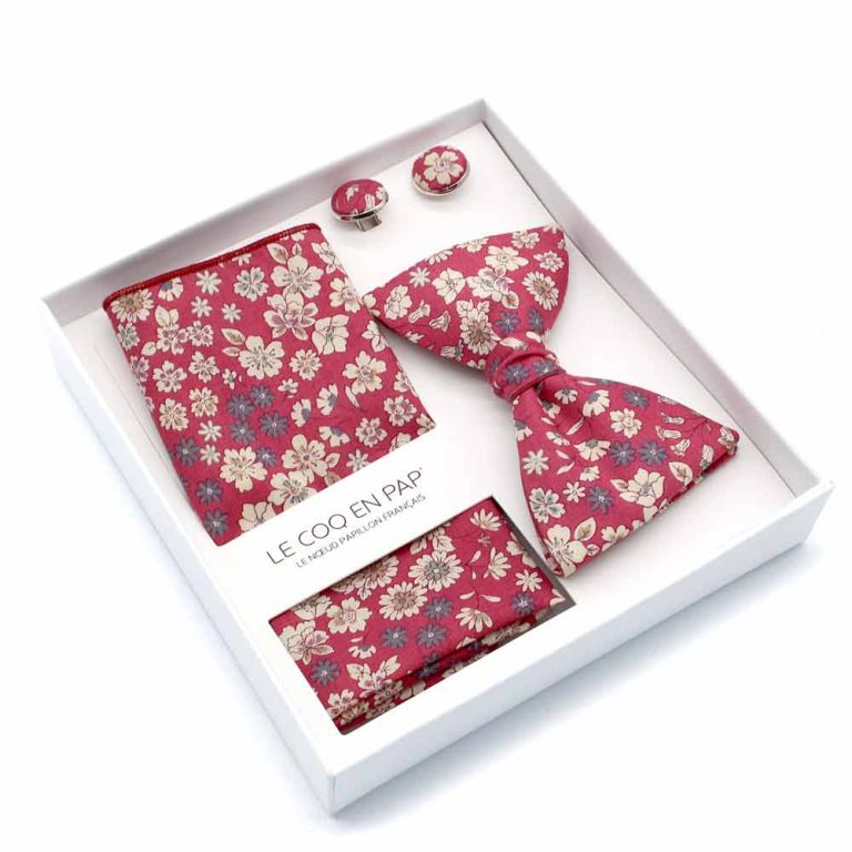 Coffret noeud papillon pochette de costume boutons de manchette rouge framboise fleuri frou frou made in france photo1