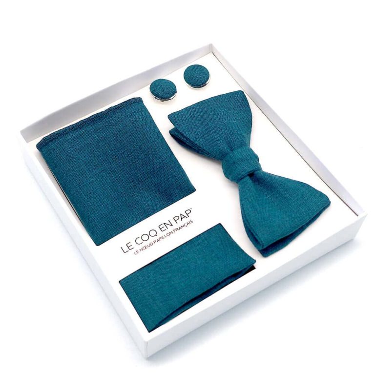 Coffret noeud papillon pochette de costume boutons de manchette uni bleu canard lin homme