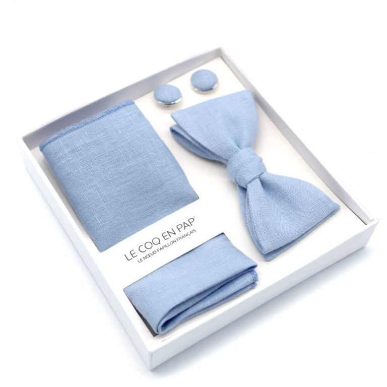 Coffret noeud papillon pochette de costume boutons de manchette uni bleu ciel lin