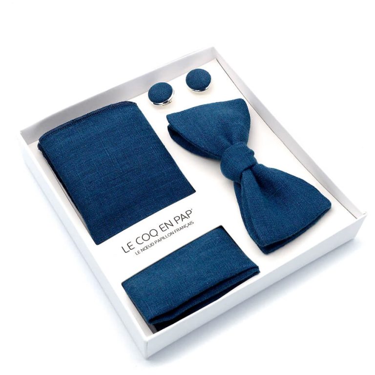 Coffret-noeud-papillon-pochette-de-costume-boutons-de-manchette-uni-bleu-marine-lin