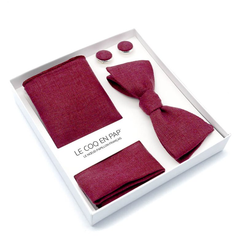 Coffret noeud papillon pochette de costume boutons de manchette uni rouge aubergine lin