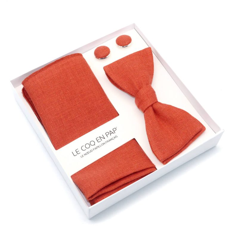 Coffret-noeud-papillon-pochette-de-costume-boutons-de-manchette-uni-rouge-rouille-lin