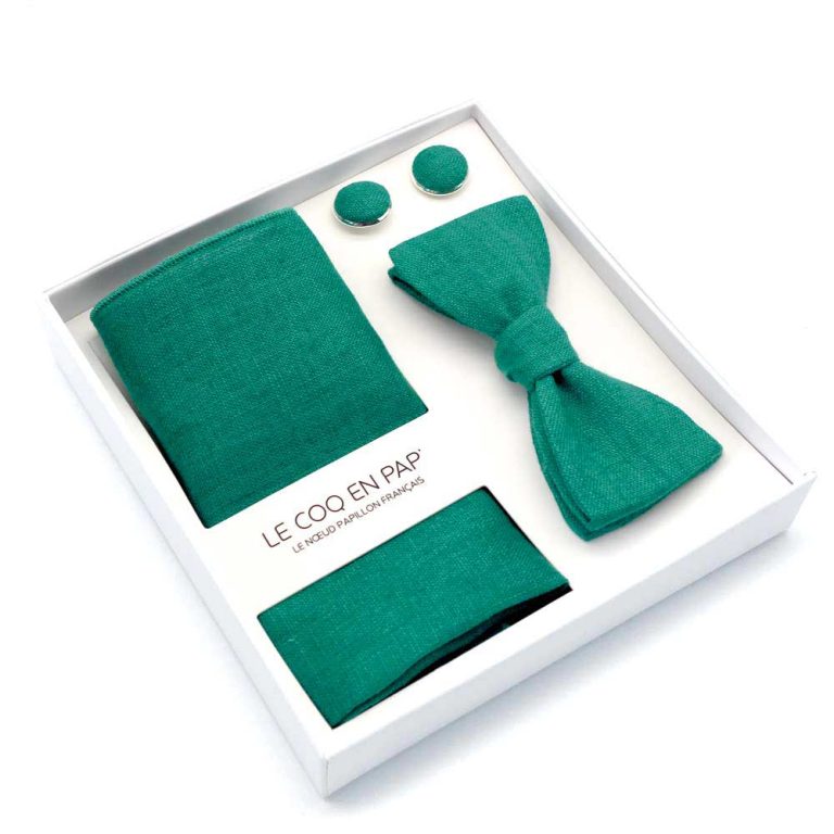 Coffret-noeud-papillon-pochette-de-costume-boutons-de-manchette-uni-vert-sapin-lin-homme