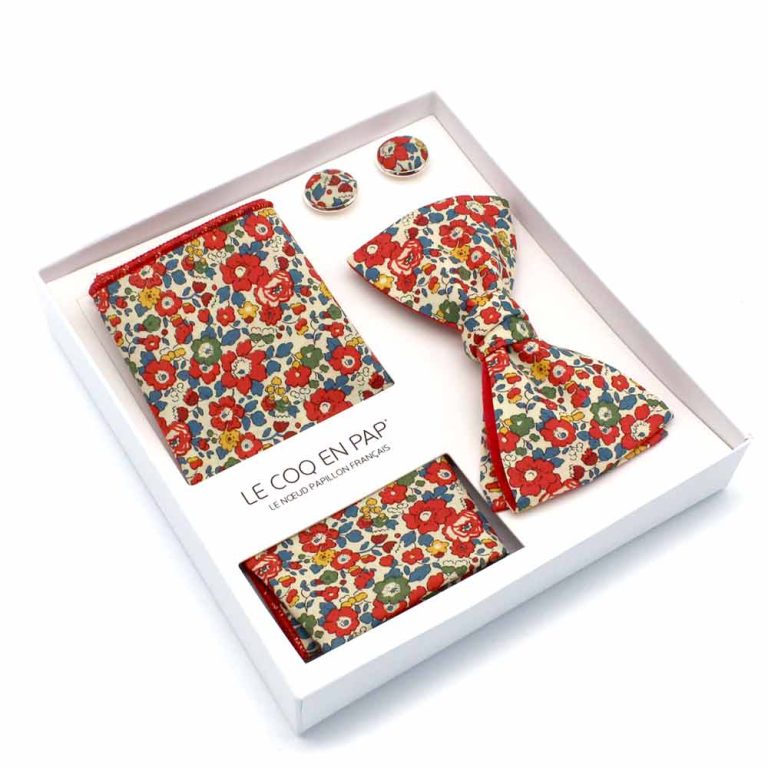 Coffret noeud papillon pochette de costume fleuri liberty betsy ann b rouge le coq en pap homme