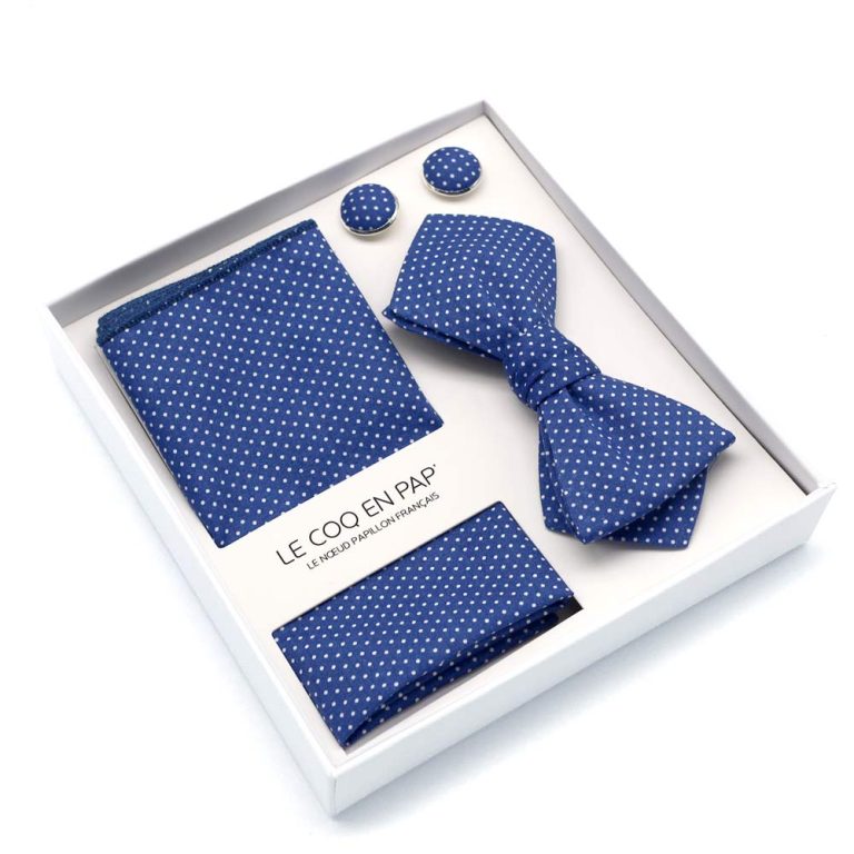 Coffret noeud papillon pochette de costume pois bleu marine photo1