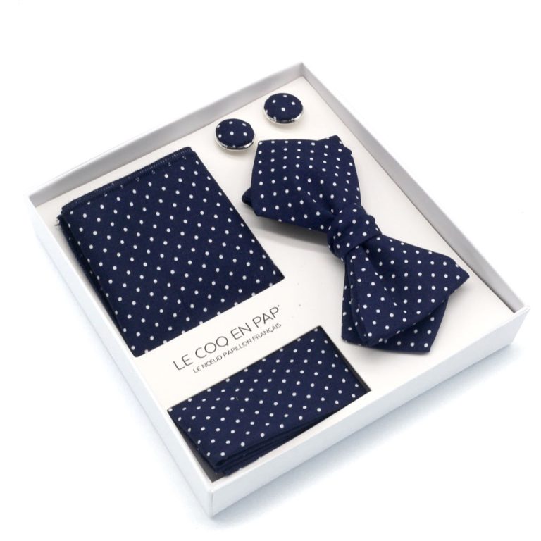 Coffret noeud papillon pochette de costume pois bleu nuit photo1