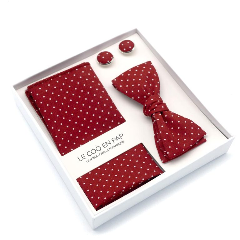 Coffret noeud papillon pochette de costume pois rouge bordeaux photo1