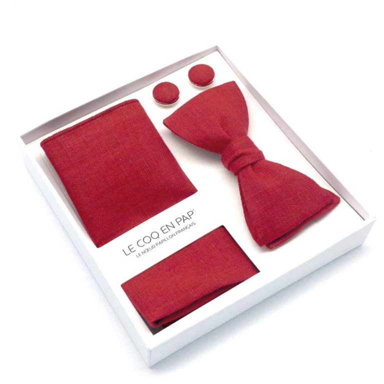 Coffret-noeud-papillon-pochette-de-costume-rouge-grenat-uni-en-lin-le-coq-en-pap