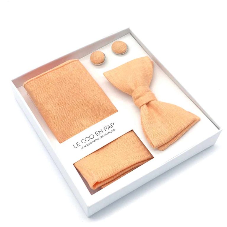 Coffret noeud papillon pochette de costume uni orange mandarine lin photo1