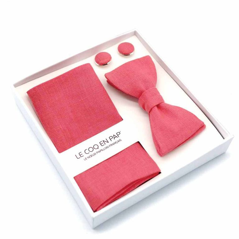 Coffret noeud papillon pochette de costume uni rouge grenadine lin photo1 