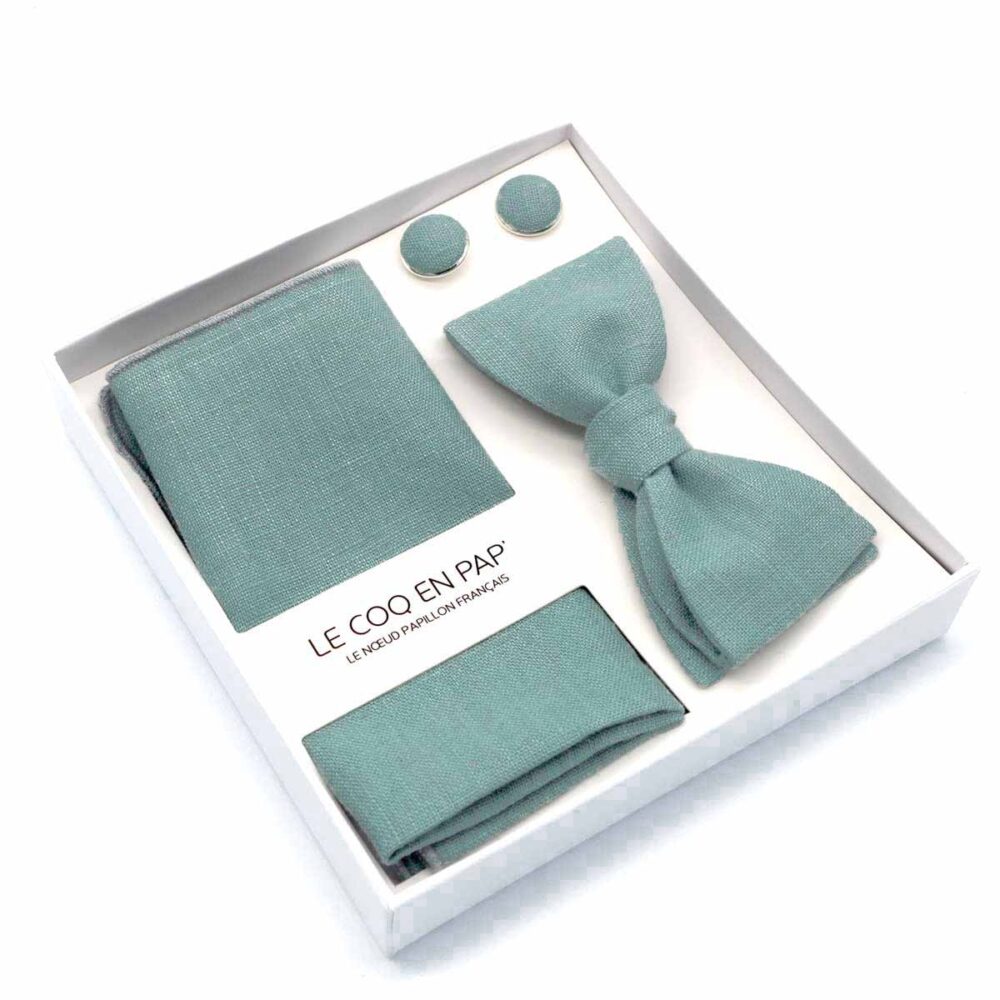 Coffret noeud papillon pochette de costume uni vert celadon lin photo1