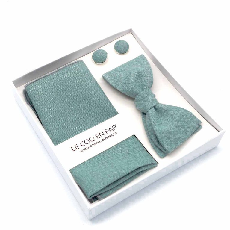 Coffret noeud papillon pochette de costume uni vert celadon lin photo1 