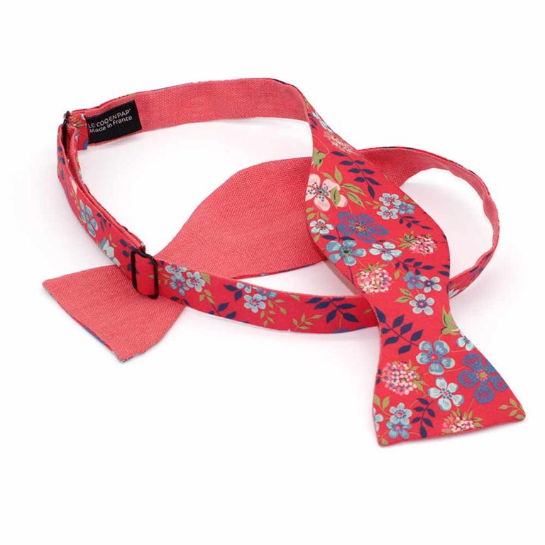 Noeud papillon fleuri liberty Edenham C Corail revers rouge grenadine lin reversible lecoqenpap photo1