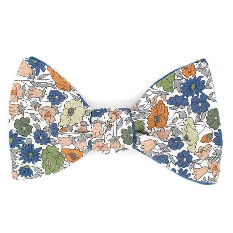 Noeud-papillon-fleuri-liberty-Poppy-forest-B-orange-bleu-peche-revers-lin-bleu-stone-reversible-lecoqenpap-photo1