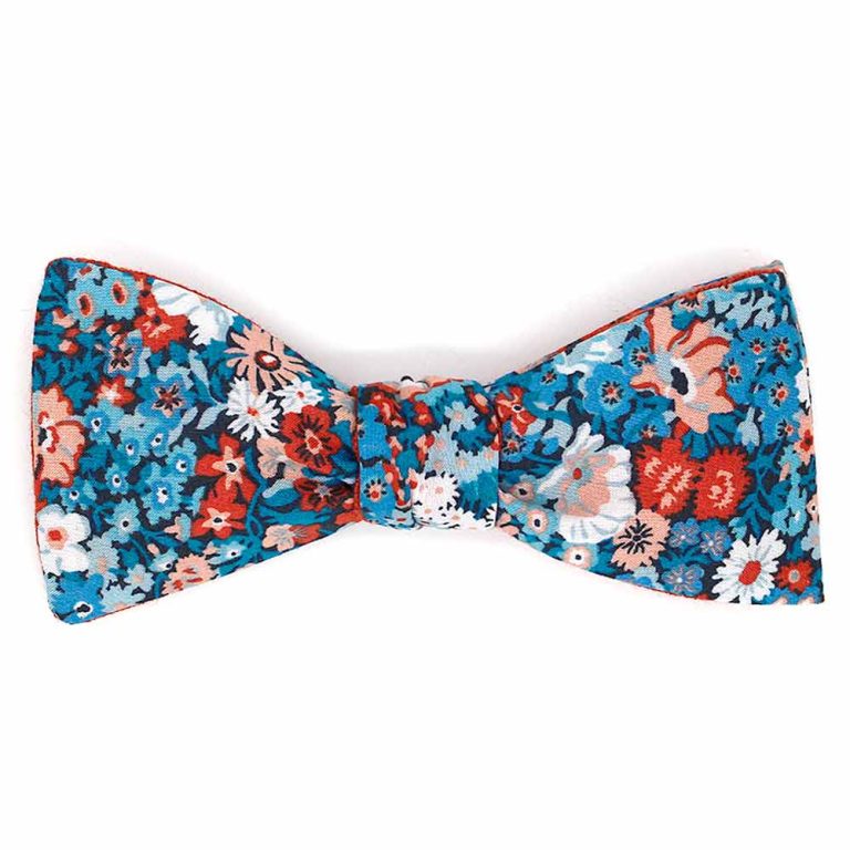 Noeud papillon fleuri liberty Thorpe Hill B orange bleu revers rouge rouille lin reversible lecoqenpap photo1