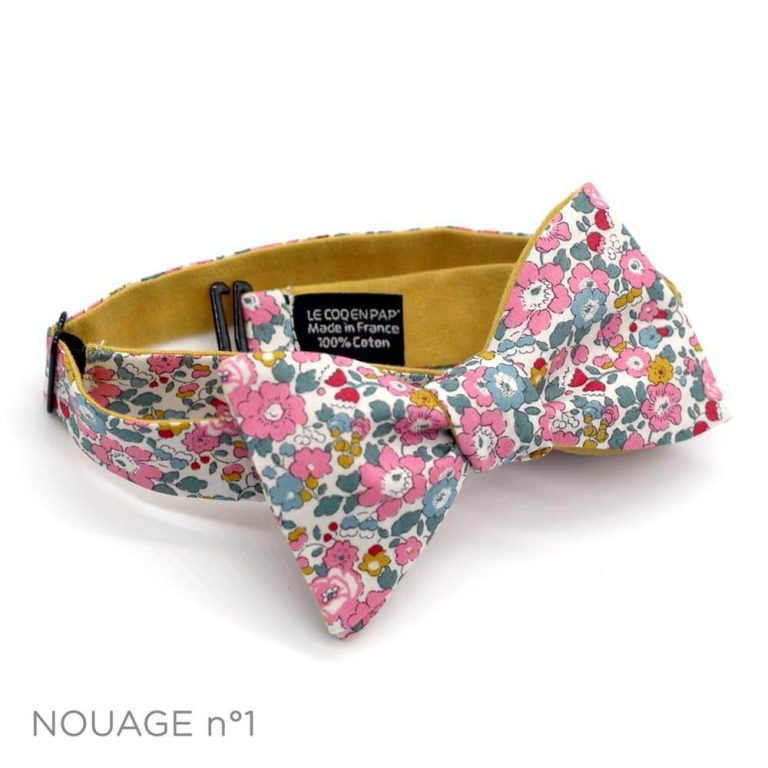 Noeud papillon fleuri liberty new betsy ann rose bleu persan revers moutarde lecoqenpap nouage1 