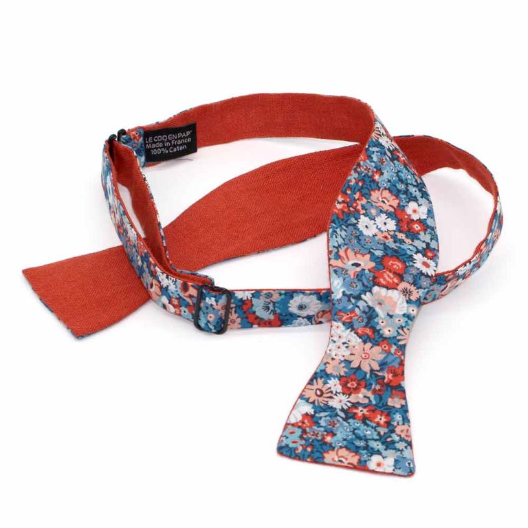 Noeud papillon fleuri liberty Thorpe Hill B orange bleu revers rouge rouille lin reversible lecoqenpap photo1