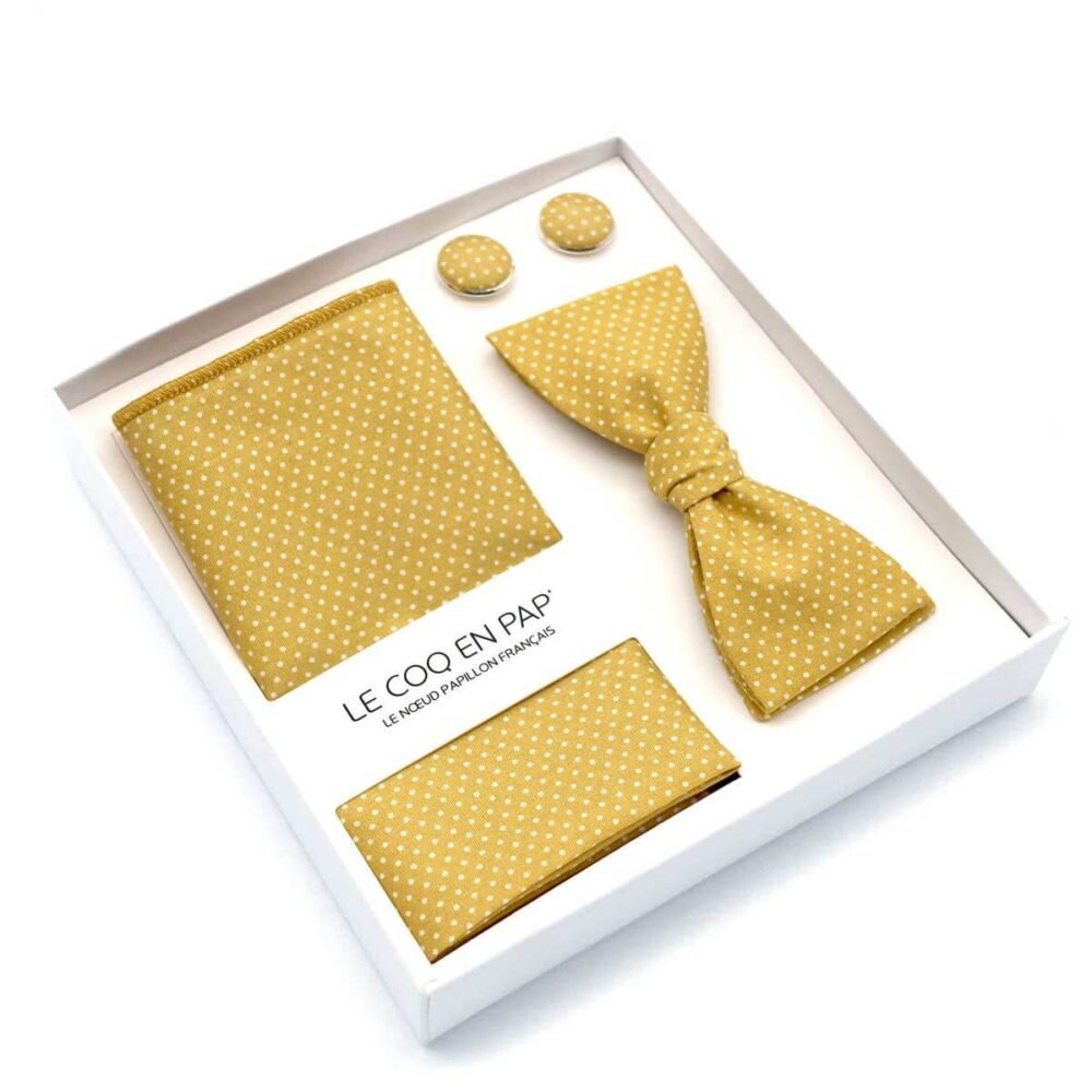 Coffret noeud papillon jaune moutarde à pois